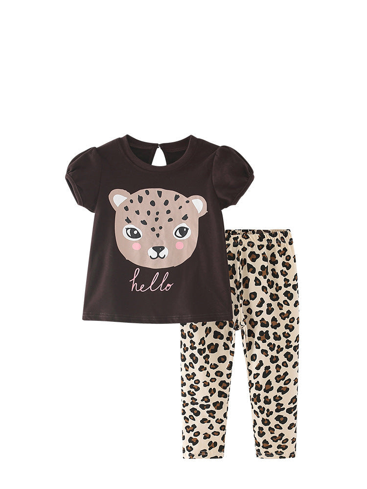 Summer Baby Kids Girls Leopard Cartoon Print T-Shirt And Pants Clothing Set-0